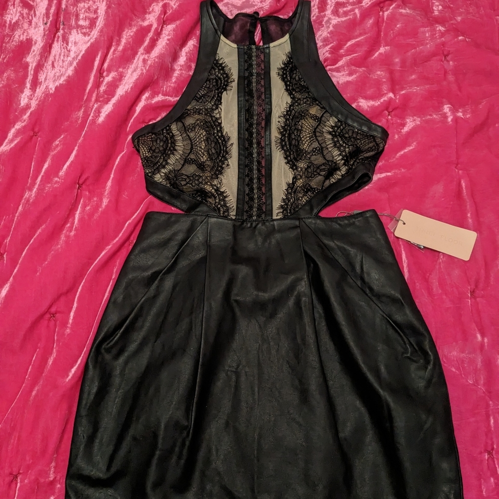 Three Floor Vegan Leather Little Black Mini Dress w/ Lace Detail